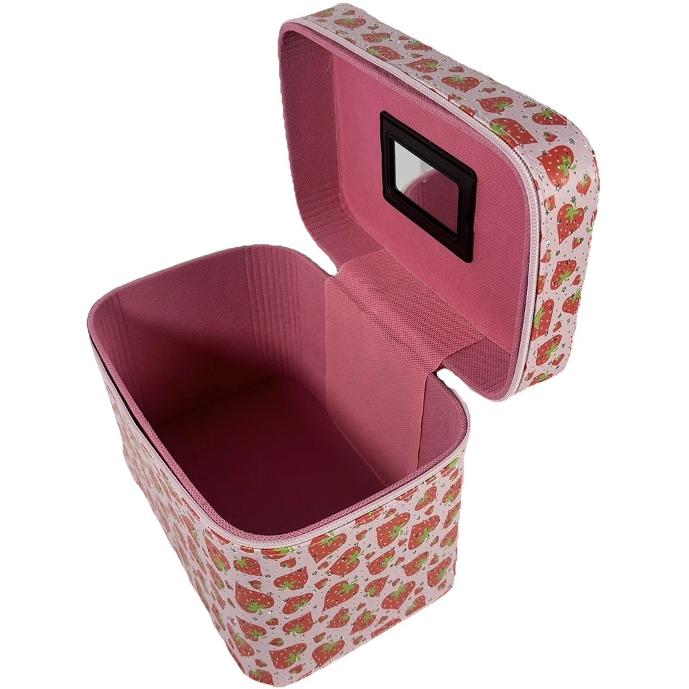 Pink Strawberry Makeup Train Case Cosmetic Bag Glitter Vanity Storage Case Y2K - Picture 9 of 11